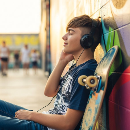 Young man wearing headphones, eyes closed, enjoying music outdoors. He is sitting relaxed against a vibrant graffiti-covered wall with a skateboard nearby.の素材