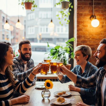 Cheerful diverse friends sharing a happy toast with beer and wine in a lively cafe. They are laughing, socializing, and enjoying a memorable evening together.の素材