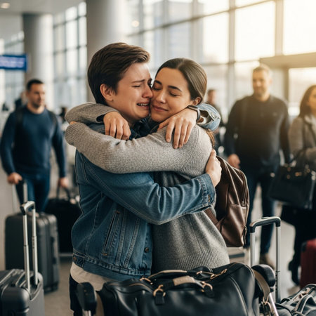 Two emotional women embracing tightly at an airport terminal with luggage, one shedding tears during a heartfelt farewell or reunion moment, showing deep connection.の素材