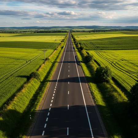 Aerial shot of a straight road flanked by lush green fields under a dynamic cloudy sky. The road stretches to the horizon, symbolizing journey, progress, and open landscapes.の素材