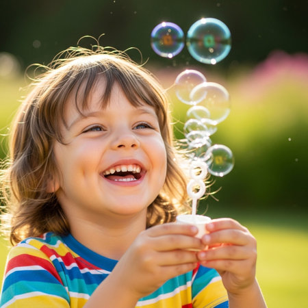 A cheerful young child with a wide smile enjoys blowing colorful iridescent soap bubbles in a sunny outdoor park. The moment captures childhood joy, innocence, and summer fun.の素材