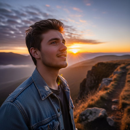 A young man in a denim jacket smiles, looking towards a vibrant golden sunrise from a mountain peak, embodying peace, hope, and adventure at dawn. The scenic overlook offers a breathtaking view.の素材
