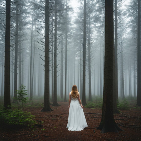 A lone woman in a flowing white gown walks through a dense, foggy forest, creating a mysterious and ethereal atmosphere. The tall trees disappear into the mist.の素材