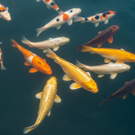 A serene aerial view of a vibrant school of multi-colored koi fish swimming gracefully in clear, dark water. Symbolizing good fortune and prosperity.の素材