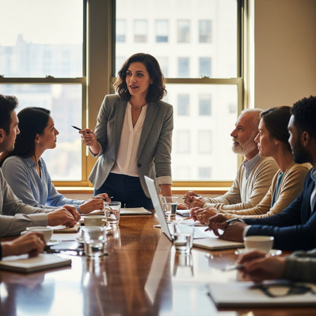 Confident businesswoman stands, leading a diverse team in a productive corporate meeting. Professionals actively collaborate, discuss strategies, and share ideas in a modern office setting.の素材