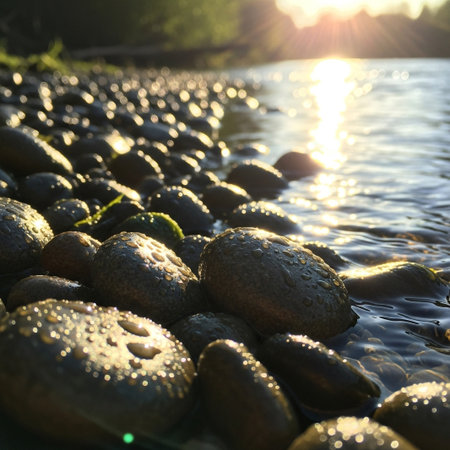 A close-up of wet river stones at the water's edge, sparkling and reflecting the warm, golden light of either sunset or sunrise. Nature background.の素材