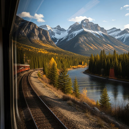 A scenic train journey reveals a stunning autumn landscape. A river winds through dense forests of evergreen and vibrant yellow trees, leading to majestic snow-capped mountains.の素材