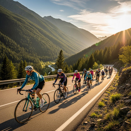 Female cyclists ride road bikes on a winding mountain road. Golden hour sun illuminates the alpine landscape with forests and a river. Captures adventure, endurance, and teamwork.の素材