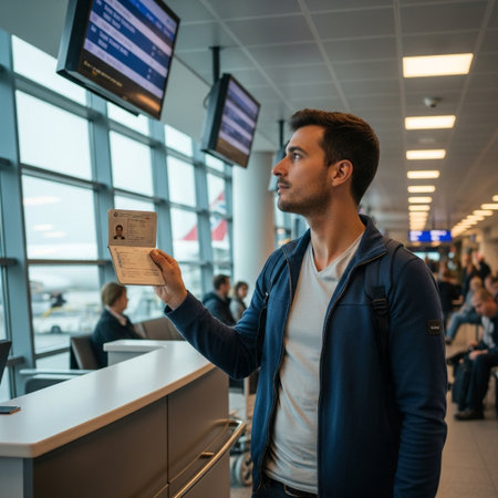 A young male traveler holds his passport, looking at the flight information display board inside a modern airport terminal, preparing for his journey.の素材