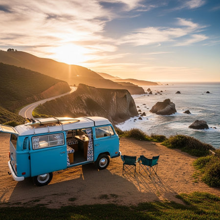 A vintage blue camper van overlooks the dramatic Pacific Coastline and winding road at golden hour. It evokes freedom, travel, and adventure on the open road.の素材