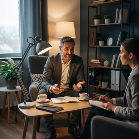 A professional man explains ideas to a woman taking notes during a meeting or consultation in a cozy office. This image illustrates collaboration, mentorship, and strategic planning.の素材