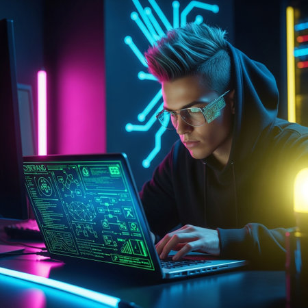 Focused individual in a hoodie and futuristic glasses intensely coding on a laptop, surrounded by vibrant neon lights depicting a digital, futuristic workspace.の素材