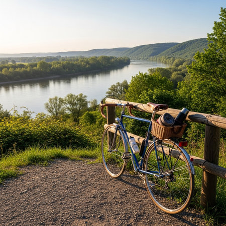 Vintage blue bicycle with wicker basket on gravel path. Overlooks tranquil river, lush green hills, clear sky. Signifies peaceful travel and outdoor adventure.の素材