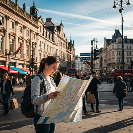 Young woman reads paper map on a busy street. Navigating urban environment, surrounded by historic buildings and pedestrians, embodying travel and discovery.の素材
