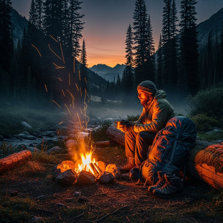 A bearded male adventurer sits by a cozy campfire, holding a hot drink, with his backpack and boots nearby, enjoying the tranquil twilight in a forested mountain valley.の素材