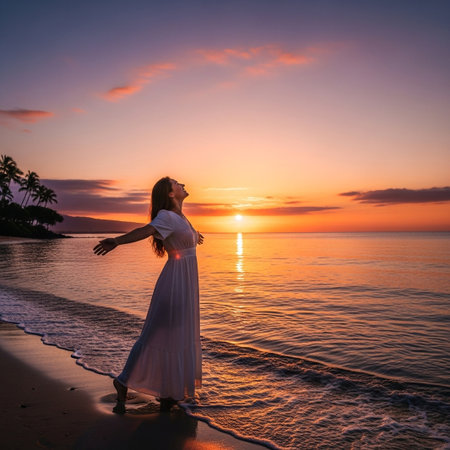 Woman in white dress on tropical beach at sunrise. Arms open, embracing vibrant sky and ocean. Embodying freedom, peace, nature, well-being. Perfect for wellness, travel.の素材