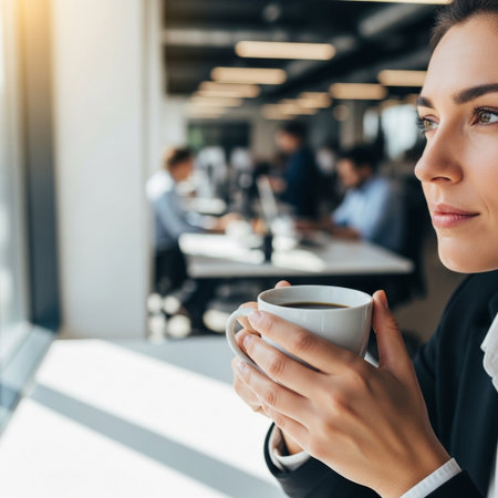 A pensive businesswoman enjoys a warm cup of coffee during a break, looking thoughtfully out a sunlit window in a contemporary office environment. Colleagues work blurred in the background, highlighting focus and calm.の素材