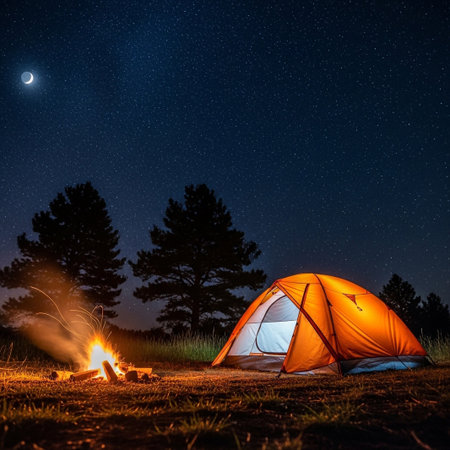 Vibrant orange tent and a crackling campfire illuminate a serene outdoor scene. A crescent moon and countless stars dot the deep blue night sky.の素材