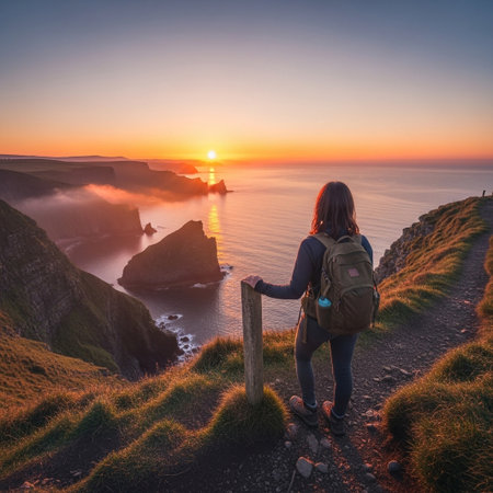 A solo woman hiker with a backpack stands on a coastal path, watching the sun dip below the horizon over majestic sea cliffs, evoking adventure and tranquility.の素材