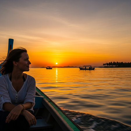 A serene woman in a boat gazes at a stunning golden sunset over a tropical ocean. The calm waters reflect the vibrant sky. This peaceful travel scene embodies freedom and discovery.の素材