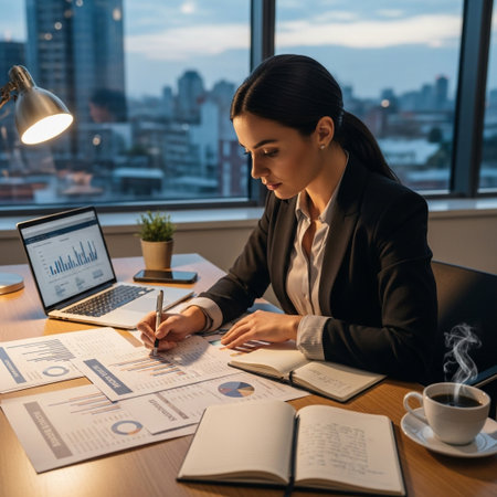 Young businesswoman meticulously analyzing financial reports and business data on her laptop in a contemporary office setting with city views, focus.の素材