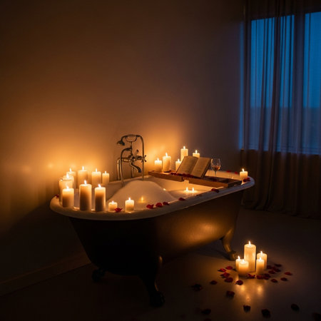 An inviting, romantic ambiance created by a warm candlelit bath filled with bubbles, a book, and a wine glass, adorned with scattered rose petals. Pure relaxation.の素材