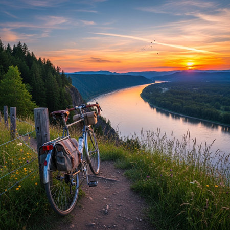 A touring bicycle with bags rests on a trail overlooking a wide river valley and forested mountains at a vibrant sunset, symbolizing adventure and travel.の素材