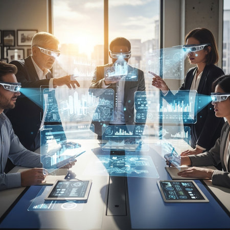 Professionals in AR headsets analyze holographic data and city models during a futuristic office meeting, embodying innovation and digital transformation.の素材