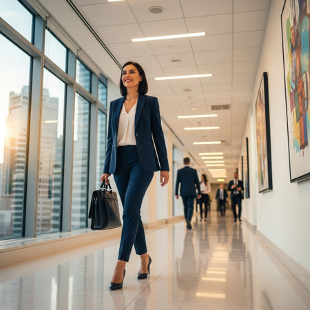 A successful professional woman in a suit confidently walks through a bright corporate hallway with city views, carrying a briefcase, ready for business challenges.の素材