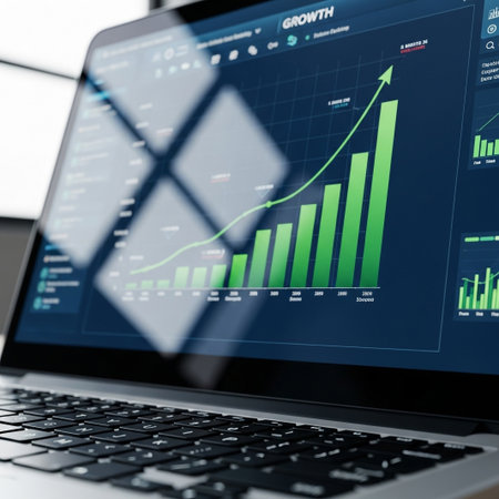 A close-up of a laptop screen displaying a vibrant green growth chart, symbolizing financial success and upward trends. Ideal for business, technology, and analytics. Data visualization for progress.の素材