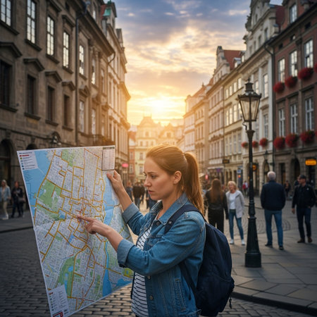 A focused young female tourist with a backpack consults a paper map, pointing to a spot on a charming cobblestone street in a European city at sunset. She's navigating her journey.の素材