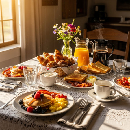 A table laden with a variety of breakfast foods including pancakes, croissants, and fruit, illuminated by warm, natural light from a window.の素材