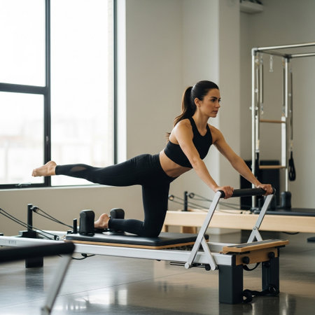 A woman in athletic wear performs a Pilates exercise on a reformer, extending one leg while kneeling.の素材