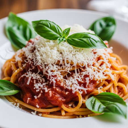 A close-up of a plate of spaghetti topped with rich meat sauce, grated cheese, and fresh basil leaves.の素材