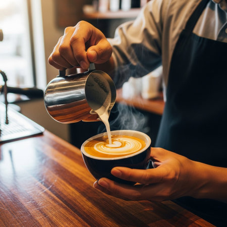 A close-up shot of a barista's hands creating intricate latte art by pouring steamed milk into a coffee cup.の素材