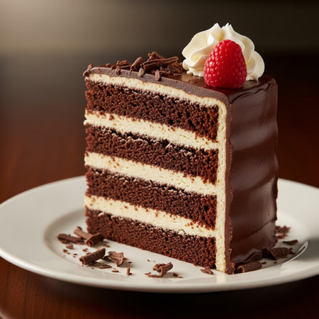 A tall, rich slice of chocolate cake with creamy white frosting between layers, topped with whipped cream and a fresh raspberry.の素材