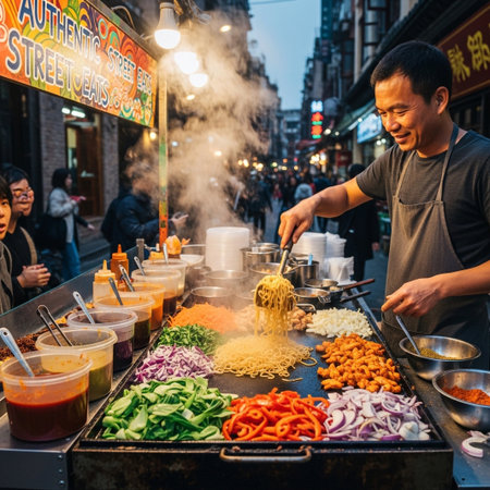 A smiling man cooks fresh ingredients on a hot griddle, surrounded by colorful vegetables and steaming food.の素材