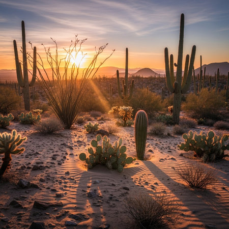 A vibrant desert landscape at sunset, featuring tall saguaro cacti, ocotillo plants, and low-lying desert flora bathed in warm golden light.の素材
