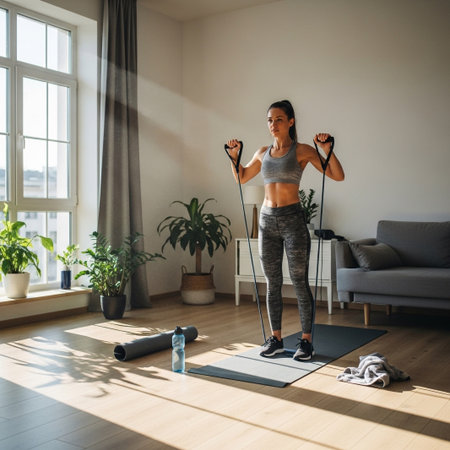 A woman is actively engaged in a home workout, using resistance bands to strengthen her upper body while sunlight streams into the room.の素材