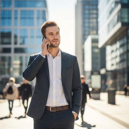 A businessman in a suit stands on a sunny city street, talking on his mobile phone, with modern buildings in the background.の素材