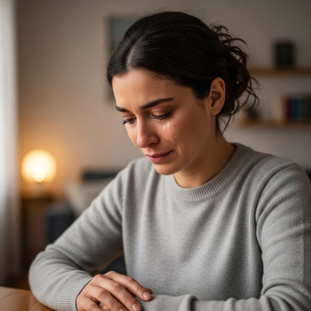 A woman with dark hair pulled back gazes downwards with a pensive look, illuminated by soft indoor light.の素材