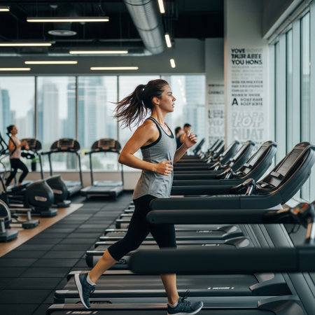 A fit woman with her hair flowing runs on a treadmill in a bright, modern gym. Rows of treadmills and large windows are visible.の素材