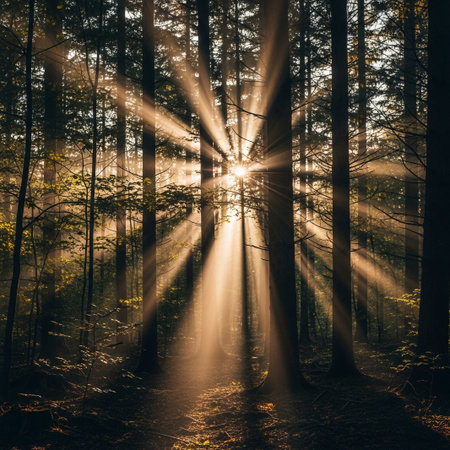 Golden sunbeams radiate outwards from behind trees, illuminating the forest floor with a warm, ethereal glow. Shadows stretch long and dramatic.の素材