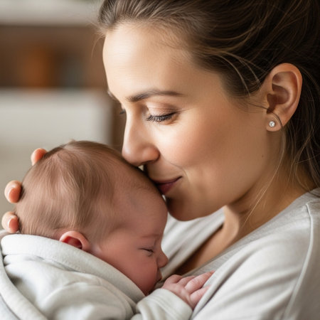 A mother holds her sleeping infant close, gently kissing the top of its head, conveying deep love and connection.の素材