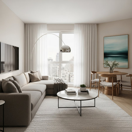 A bright and airy living room features a large sectional sofa, a round coffee table, and a separate dining area near a large window.の素材