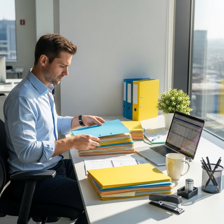 A man in a blue shirt sits at a desk, reviewing a stack of colorful folders. A laptop and coffee cup are nearby.の素材