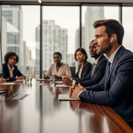 A diverse group of professionals, including men and women of various ethnicities, are engaged in a meeting around a polished boardroom table.の素材
