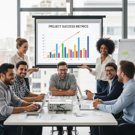 A diverse group of professionals are gathered around a conference table, actively engaged in a business meeting with a projected financial graph.の素材