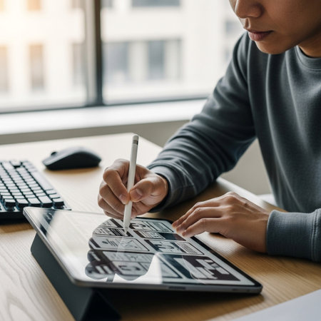 Close-up of a person's hands using a stylus on a tablet, with a keyboard and mouse visible.の素材