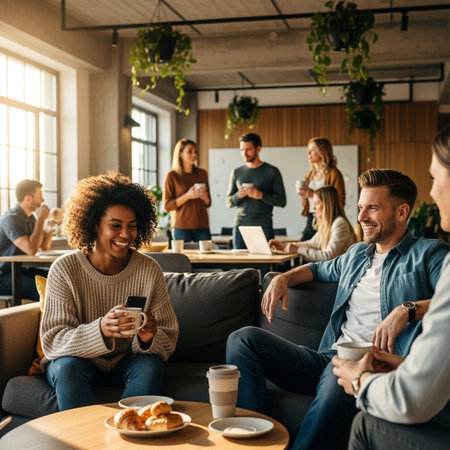 A diverse group of colleagues enjoys a casual meeting and conversation in a bright, modern office with plants and natural light.の素材